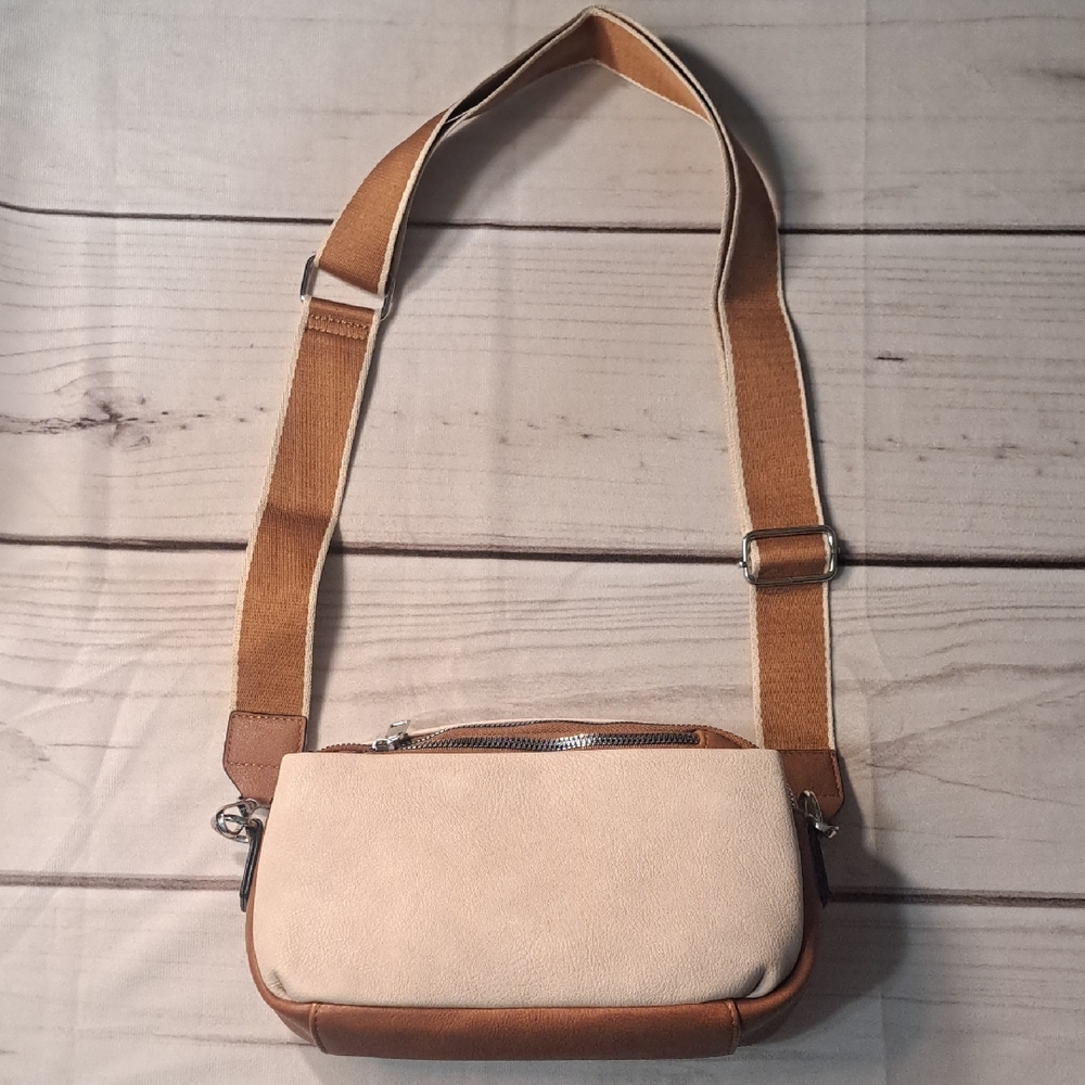 Tan And Cream Crossbody Bag With Adjustable Strap